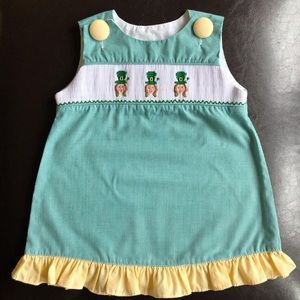 St. Patrick’s Day Leprechaun smocked 12M top dress